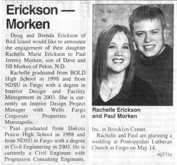3/31/2005: Olivia Times-Journal:  Rachelle Erickson