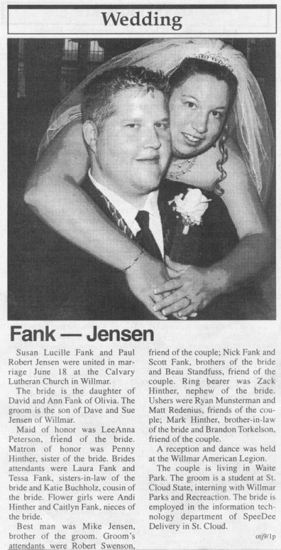 9/1/2005 Olivia Times-Journal:  Susan Jensen (Fank)